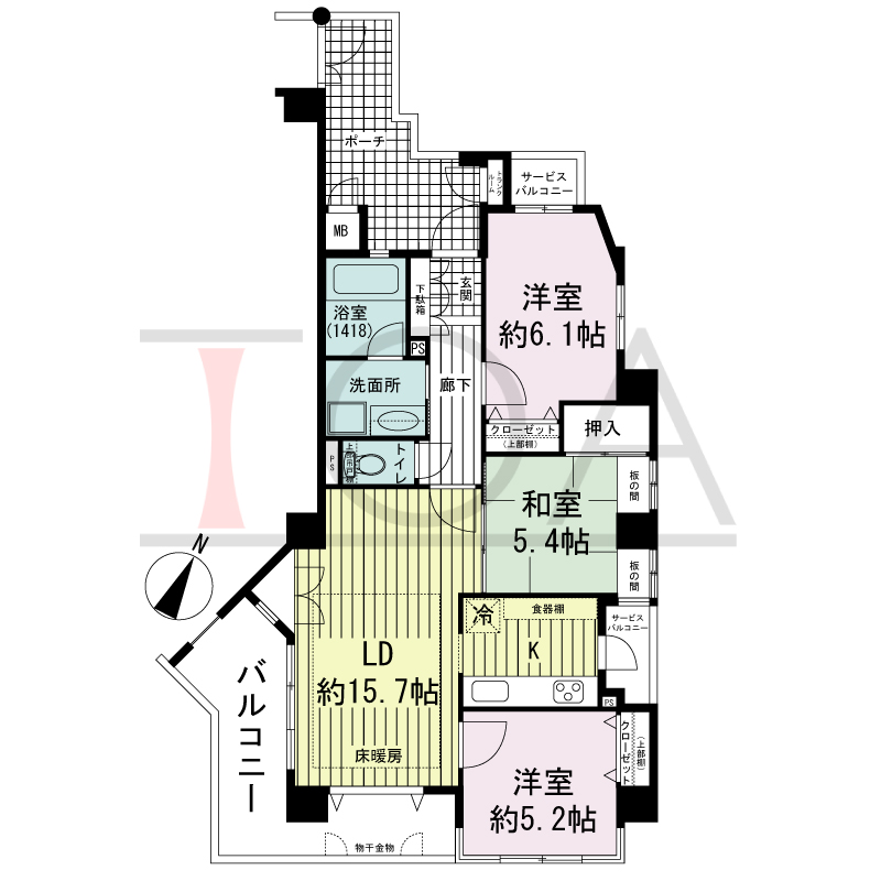 ワコーレアーバンヴュー熊内の間取り図 南向き角住戸
3LDK 専有面積　71.13m2
バルコニー面積　11.60m2