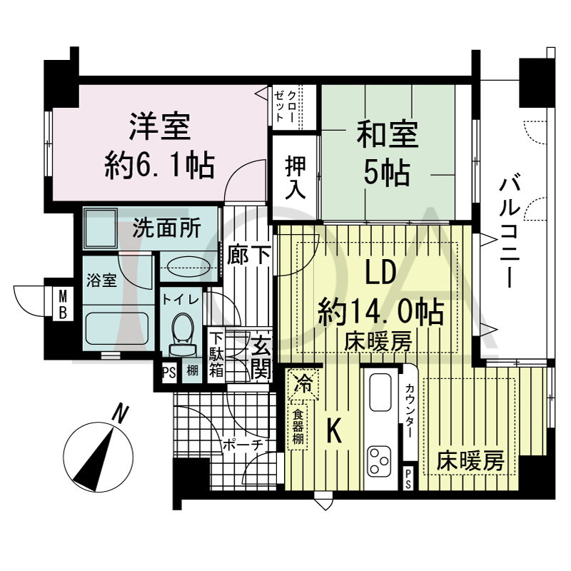 ワコーレアーバンヴュー熊内の間取り図 北東向き住戸
2LDK 専有面積　55.27m2
バルコニー面積　7.41m2