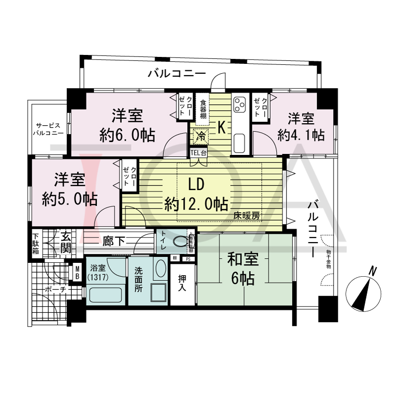 ワコーレアーバンヴュー熊内の間取り図 北東・北西向き角住戸
4LDK 専有面積　70.15m2
バルコニー面積　17.24m2