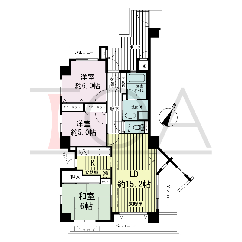 ワコーレアーバンヴュー熊内の間取り図 南・東向き角住戸
3LDK 専有面積　70.77m2
バルコニー面積　16.13m2