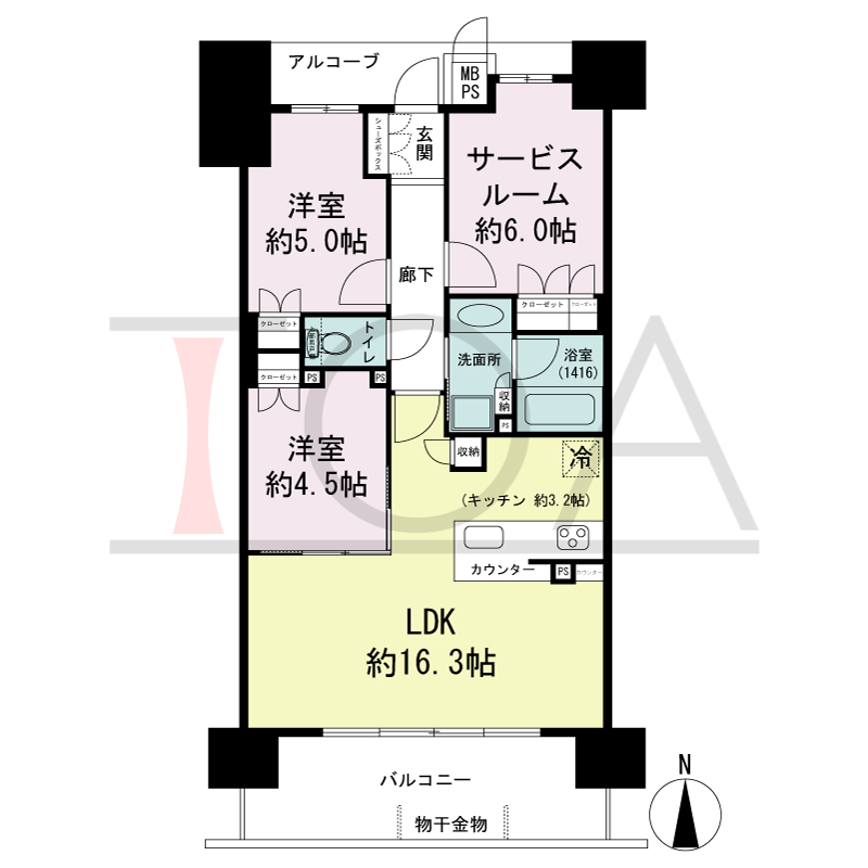 ワコーレ神戸トアプレミアムの間取り図 南向き住戸
2SLDK 専有面積 66.19m2
バルコニー面積 11.07m2