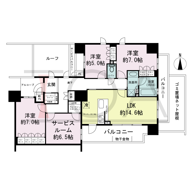ワコーレ神戸トアプレミアムの間取り図 南・東向き角住戸
3SLDK 専有面積 95.24m2
バルコニー面積 17.99m2