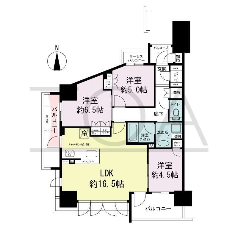 ワコーレ神戸トアプレミアムの間取り図 南・西向き角住戸
3LDK 専有面積 71.18m2
バルコニー面積 11.91m2