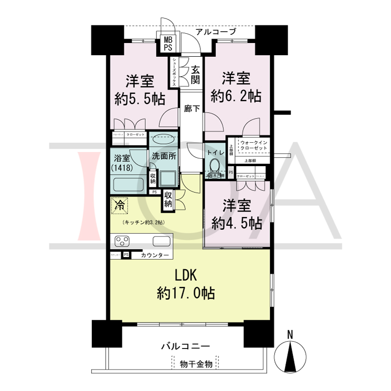 ワコーレ神戸トアプレミアムの間取り図 南向き住戸
3LDK 専有面積 70.57m2
バルコニー面積 11.05m2
