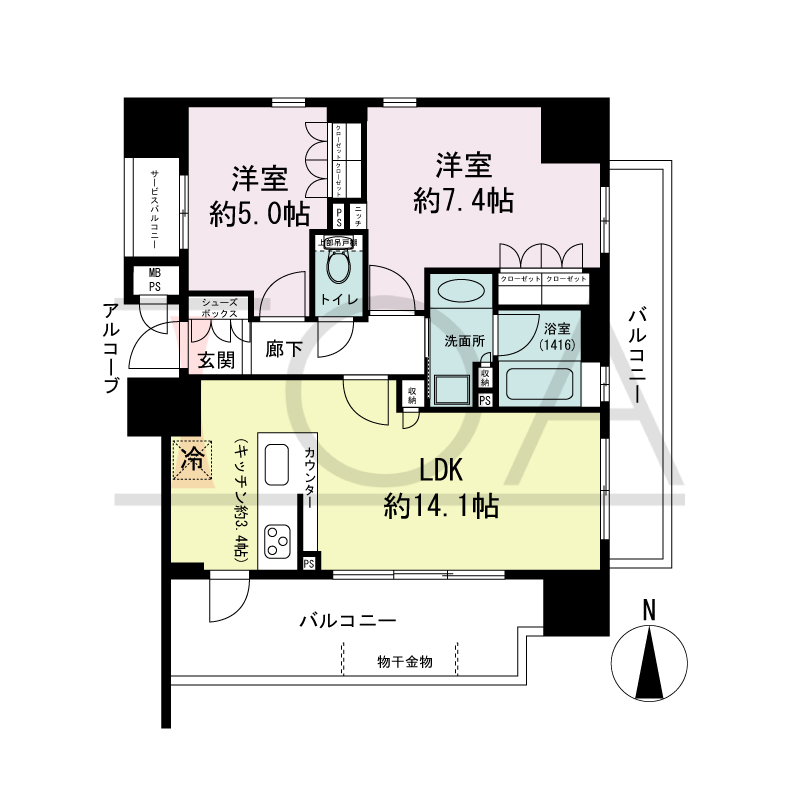 ワコーレ神戸トアプレミアムの間取り図 南・東向き角住戸
2LDK 専有面積 57.64m2
バルコニー面積 17.99m2