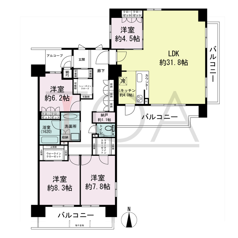 ワコーレ神戸トアプレミアムの間取り図 南・東向き角住戸
4LDK+N 専有面積 139.32m2
バルコニー面積 29.04m2