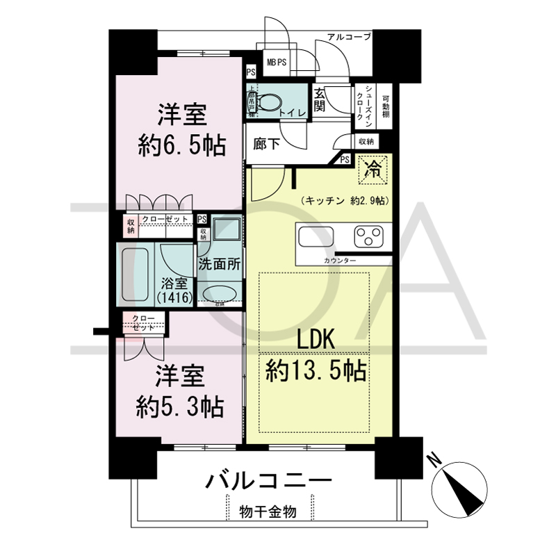 ワコーレ神戸みなと元町の間取り図 南西向き住戸
2LDK 専有面積54.86m2
バルコニー面積9.12m2
アルコーブ面積4.04m2
MB・PS面積0.49m2