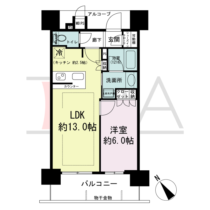 ワコーレ神戸みなと元町の間取り図 南西向き住戸
1LDK 専有面積42.83m2
バルコニー面積8.00m2
アルコーブ面積4.71m2
MB・PS面積0.49m2
