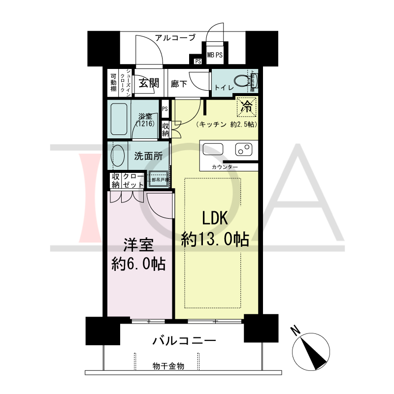 ワコーレ神戸みなと元町の間取り図 南西向き住戸
1LDK 専有面積42.83m2
バルコニー面積8.00m2
アルコーブ面積4.71m2
MB・PS面積0.49m2