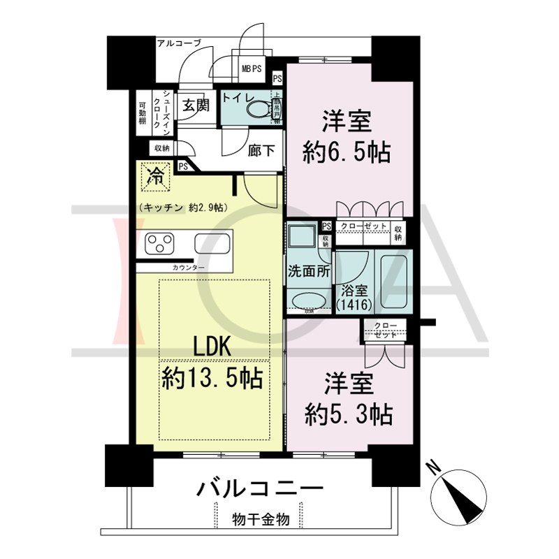 ワコーレ神戸みなと元町の間取り図 南西向き住戸
2LDK 専有面積54.86m2
バルコニー面積9.36m2
アルコーブ面積3.77m2
MB・PS面積0.49m2