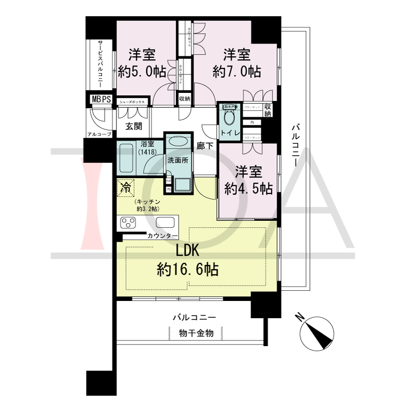 ワコーレ神戸みなと元町の間取り図 東南角住戸
3LDK 専有面積71.88m2
バルコニー面積20.60m2
サービスバルコニー面積2.80m2
アルコーブ面積1.89m2
MB・PS面積0.47m2