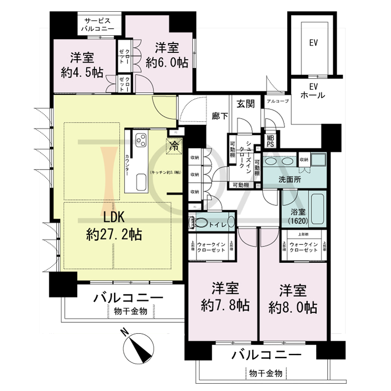 ワコーレ神戸みなと元町の間取り図 西南角住戸
4LDK 専有面積124.38m2
バルコニー面積17.42m2
サービスバルコニー面積2.70m2
アルコーブ面積4.35m2
MB・PS面積0.49m2