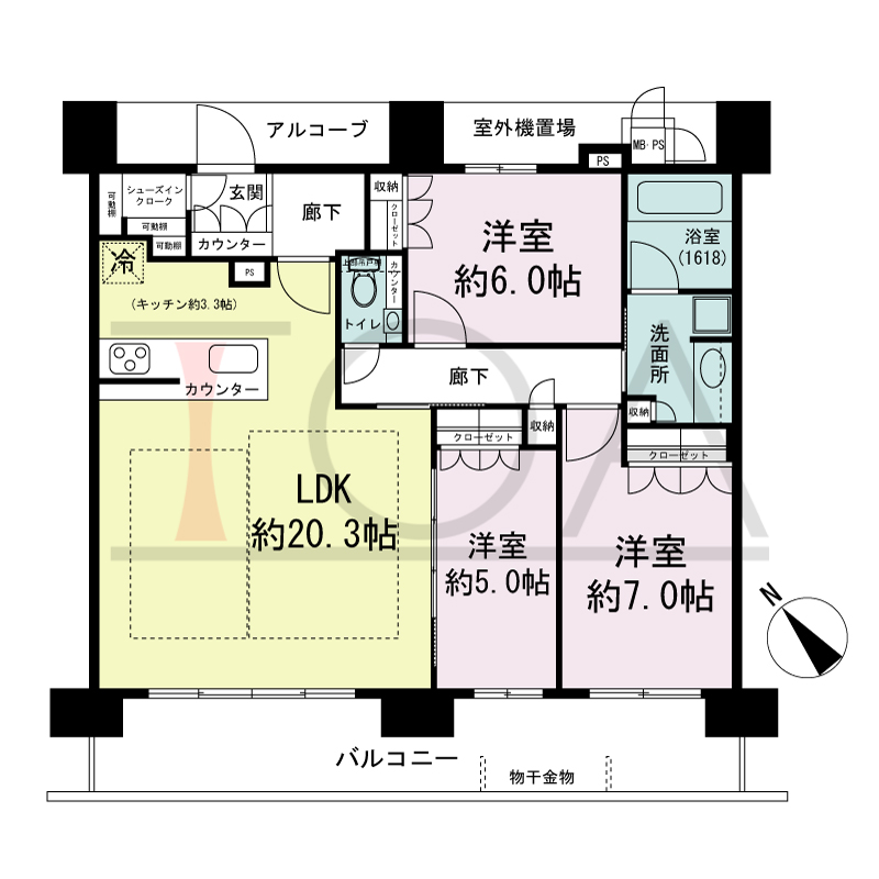 ワコーレ神戸みなと元町の間取り図 南西向き住戸
3LDK 専有面積85.65m2
バルコニー面積16.01m2
アルコーブ面積5.30m2
室外機置場面積4.63m2
MB・PS面積0.49m2