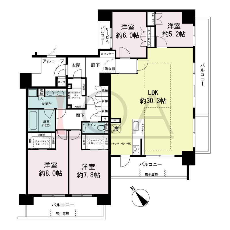 ワコーレ神戸みなと元町の間取り図 東南角住戸
4LDK 専有面積133.34m2
バルコニー面積29.96m2
サービスバルコニー面積2.80m2
アルコーブ面積5.05m2
MB・PS面積0.49m2