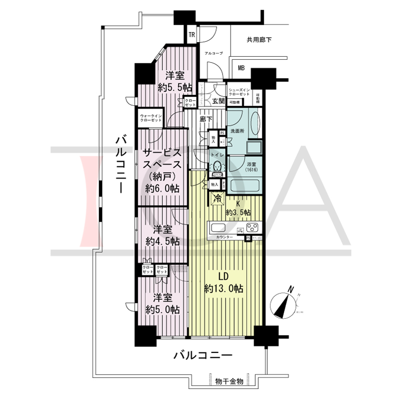 シエリア王子公園の間取り図 全1邸　南西角住戸
3LDK＋S＋WIC＋SIC
専有面積82.94m2(2階)
バルコニー面積18.44m2
サービスバルコニー面積30.83m2
アルコーブ面積4.24m2