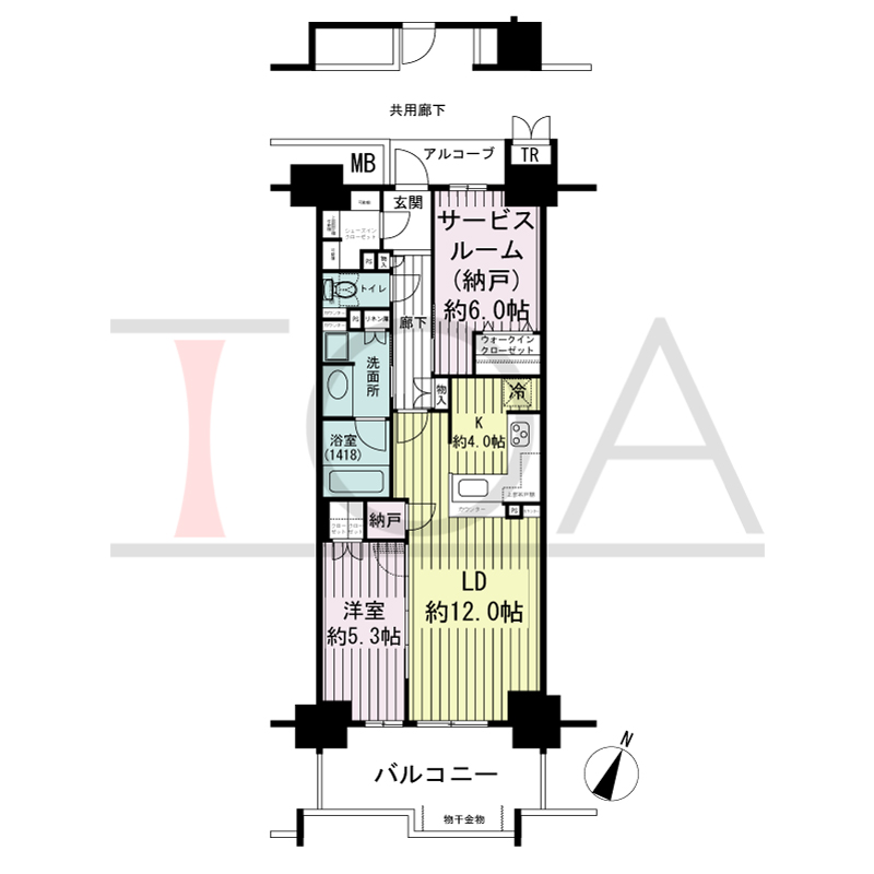 シエリア王子公園の間取り図 全14邸　南東向き住戸
1LDK＋N＋WIC＋SIC
専有面積66.32m2
(トランクルーム面積0.70m2含む)
バルコニー面積11.72m2
アルコーブ面積3.00m2
