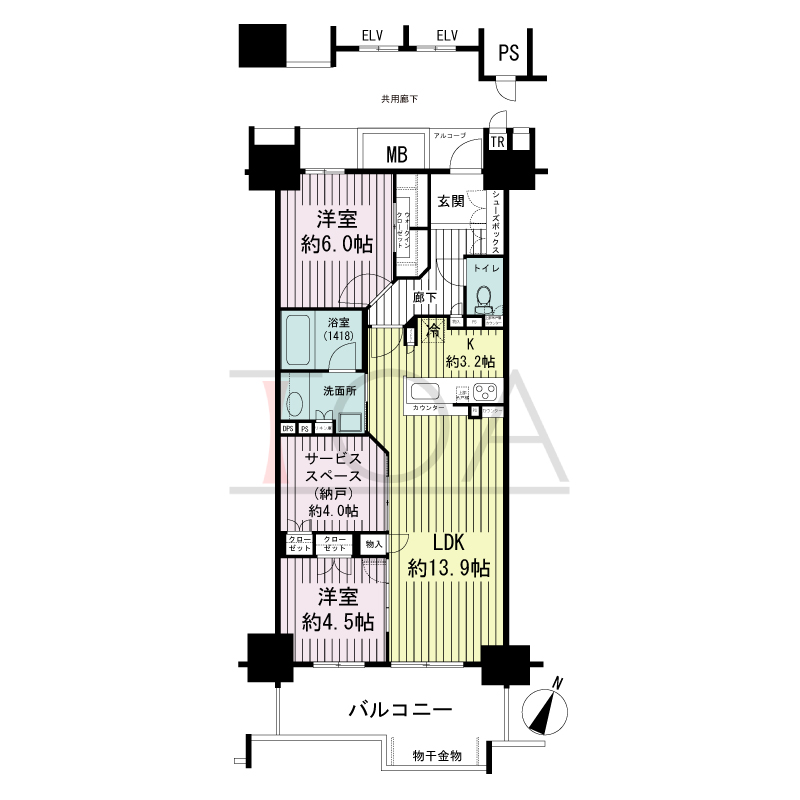 シエリア王子公園の間取り図 全14邸　南東向き住戸
2LDK＋S＋WIC(2階)
3LDK＋WIC(3階から15階)
専有面積72.22m2
(トランクルーム面積0.35m2含む)
バルコニー面積12.82m2
アルコーブ面積3.51m2
