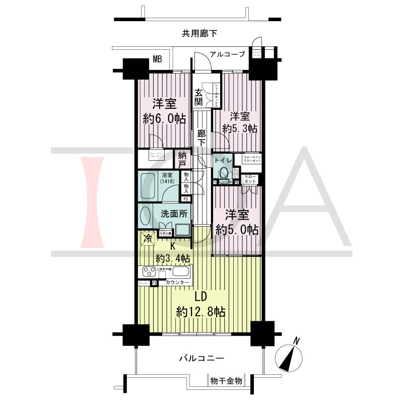 シエリア王子公園の間取り図 全14邸　南東向き住戸
3LDK＋S＋2WIC
専有面積75.36m2
(トランクルーム面積0.36m2含む)
バルコニー面積4.13m2