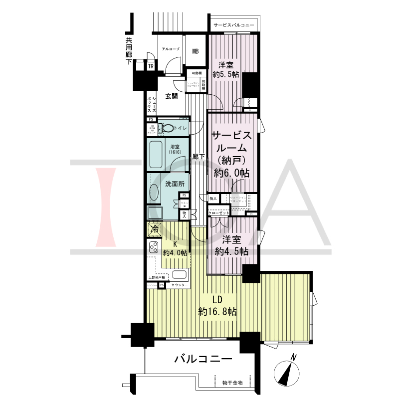 シエリア王子公園の間取り図 全14邸　南東角住戸
2LDK＋S＋WIC＋SIC
専有面積87.16m2
(トランクルーム面積0.35m2含む)
サービスバルコニー面積2.08m2
バルコニー面積2.59m2