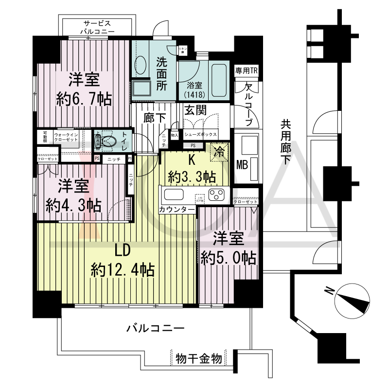 シエリア王子公園の間取り図 全14邸　北西角住戸
3LDK＋WIC
専有面積70.87m2
(トランクルーム面積0.61m2含む)
サービスバルコニー面積2.08m2
バルコニー面積13.26m2
アルコーブ面積1.87m2