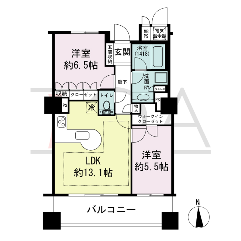 ライオンズタワー神戸旧居留地の間取り図 全8邸 南向き住戸
2LDK+WIC 専有面積60.30m2
バルコニー面積10.78m2