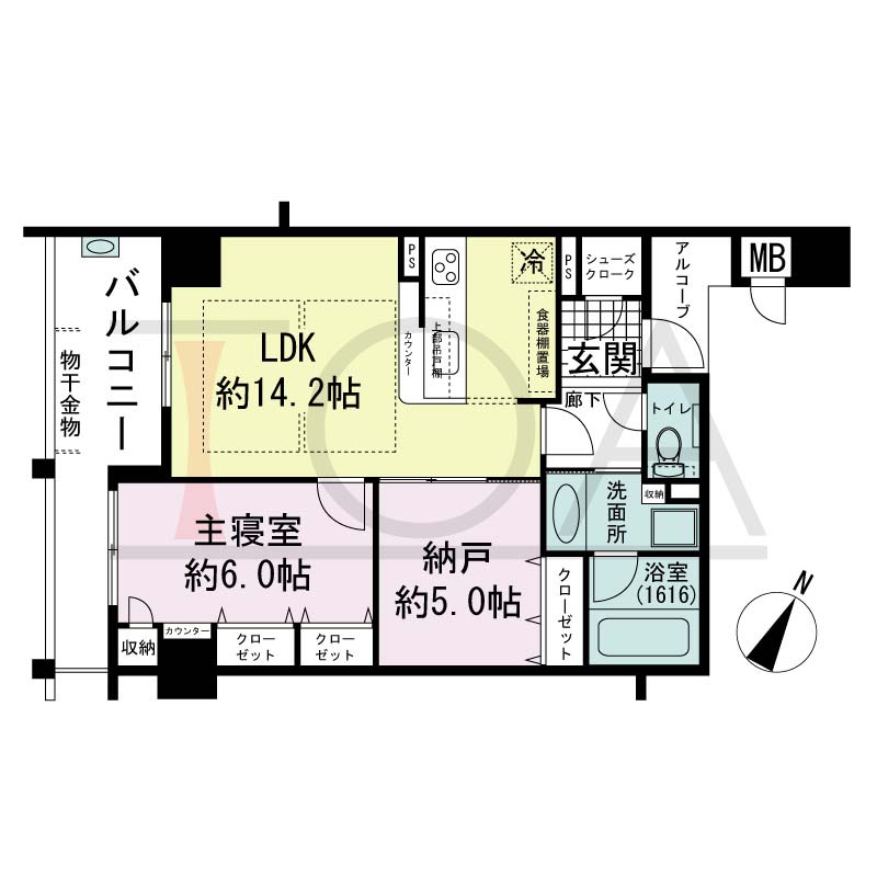 アーバンライフ神戸三宮ザ・タワーの間取り図 Bタイプ
全8邸　南西向き住戸
1LDK＋DEN　専有面積58.68m2
アルコーブ面積2.41m2
バルコニー面積9.55m2