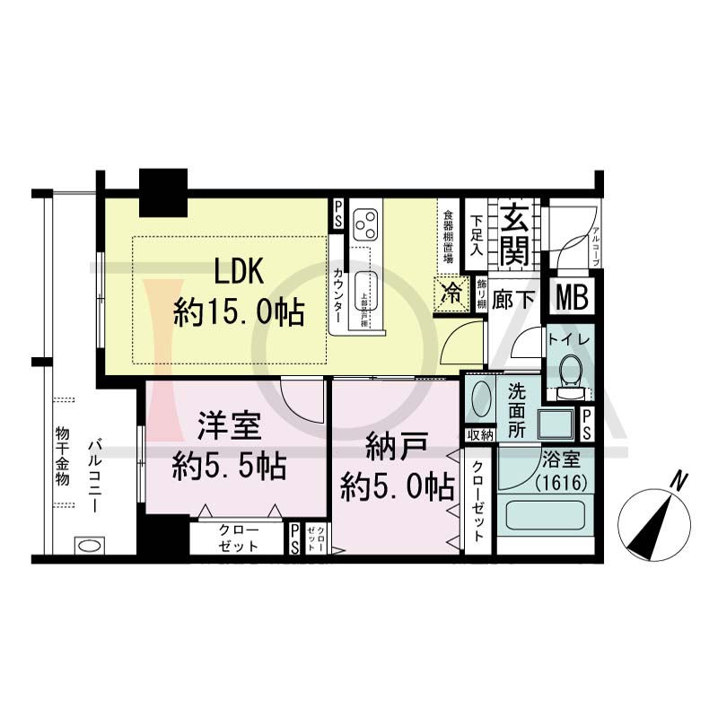 アーバンライフ神戸三宮ザ・タワーの間取り図 Dタイプ
全12邸　南西向き住戸
1LDK＋DEN　専有面積58.78m2
アルコーブ面積1.50m2
バルコニー面積9.18m2