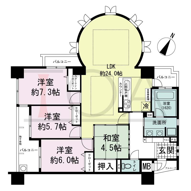 アパタワーズ神戸三宮の間取り図 Aa(ar)タイプ
全11邸(Aar含む)　北・東・西3方向き角住戸
4LDK　専有面積103.47m2
アルコーブ面積1.75m2
バルコニー面積12.04m2