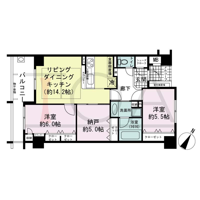 アパタワーズ神戸三宮の間取り図 Cタイプ
全4邸　南西向き住戸
2LDK＋DEN　専有面積72.98m2
アルコーブ面積2.24m2
バルコニー面積9.55m2