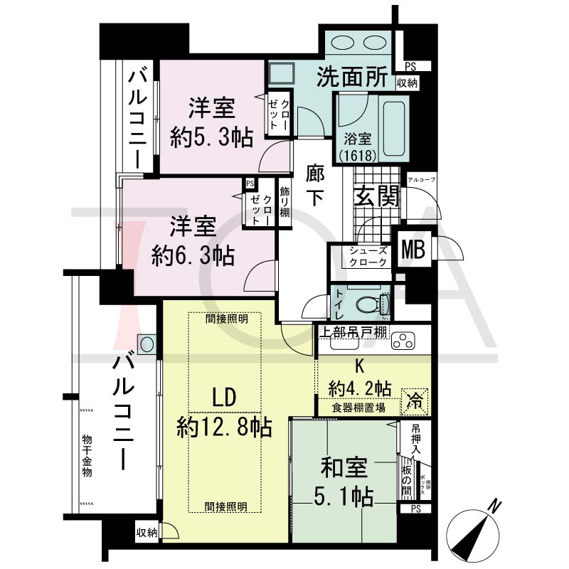 アパタワーズ神戸三宮の間取り図 EAタイプ
全2邸　南西向き住戸
3LD・K　専有面積85.34m2
アルコーブ面積1.08m2
バルコニー面積13.68m2
