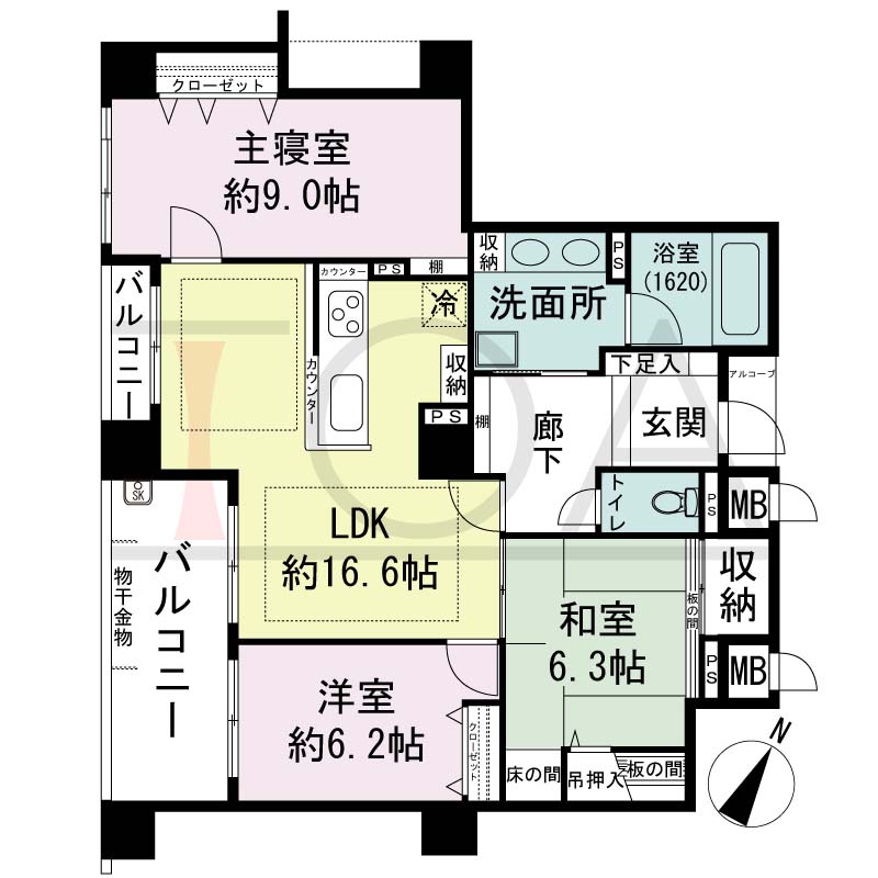 アパタワーズ神戸三宮の間取り図 ECタイプ
全2邸　南西向き住戸
3LDK　専有面積92.27m2
アルコーブ面積1.52m2
バルコニー面積12.60m2