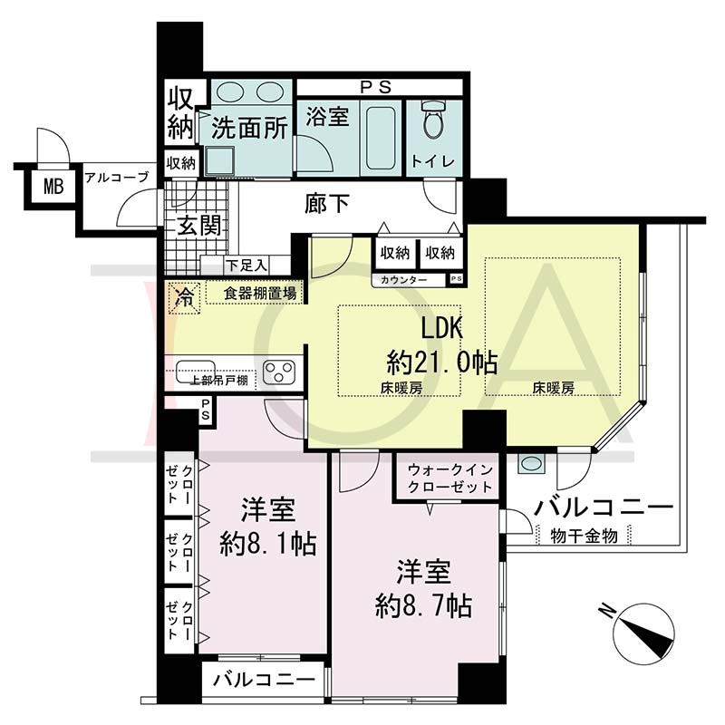 アパタワーズ神戸三宮の間取り図 EDタイプ
全2邸　南西向き角住戸
2LD・K　専有面積90.52m2
アルコーブ面積2.17m2
バルコニー面積13.55m2