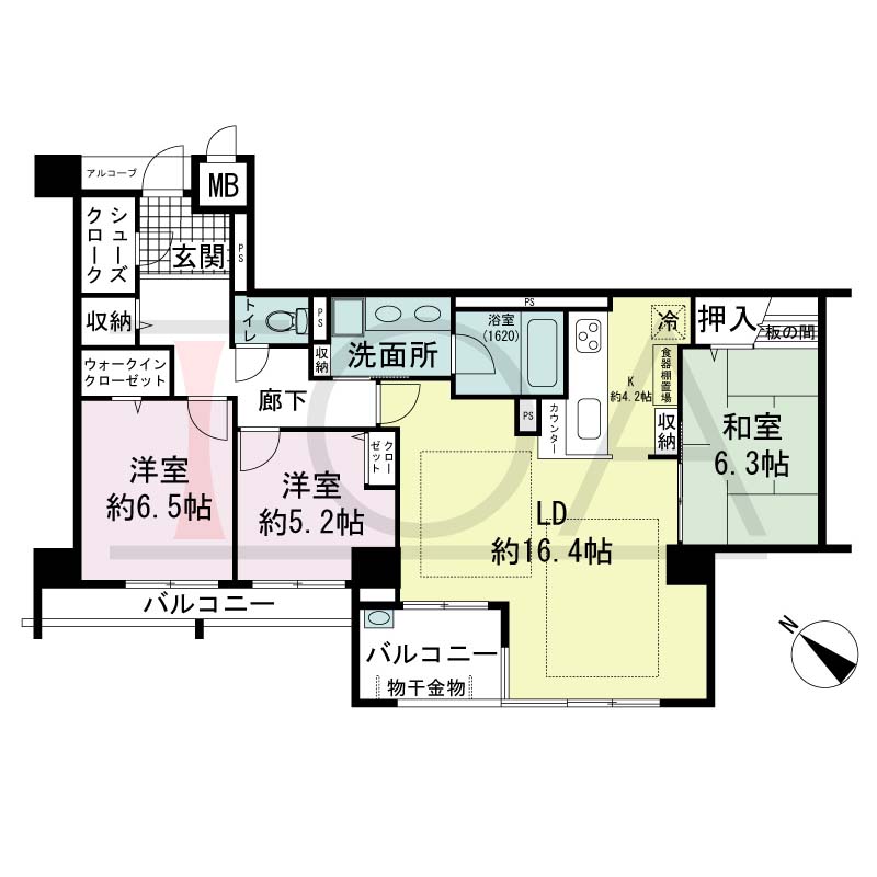 アパタワーズ神戸三宮の間取り図 EBタイプ
全2邸　南西向き住戸
3LD・K　専有面積92.26m2
アルコーブ面積1.54m2
バルコニー面積9.31m2