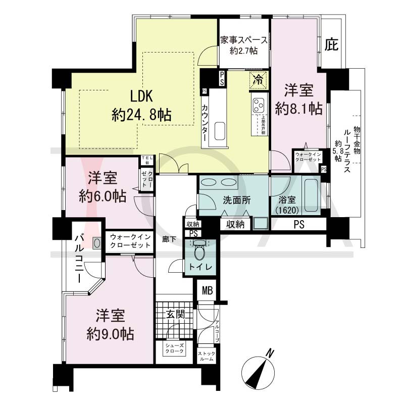 アパタワーズ神戸三宮の間取り図 EGタイプ
1邸　南西・北東２方向き角住戸
3LDK　専有面積116.42m2
アルコーブ面積1.71m2
バルコニー面積4.81m2
ルーフテラス面積9.42m2