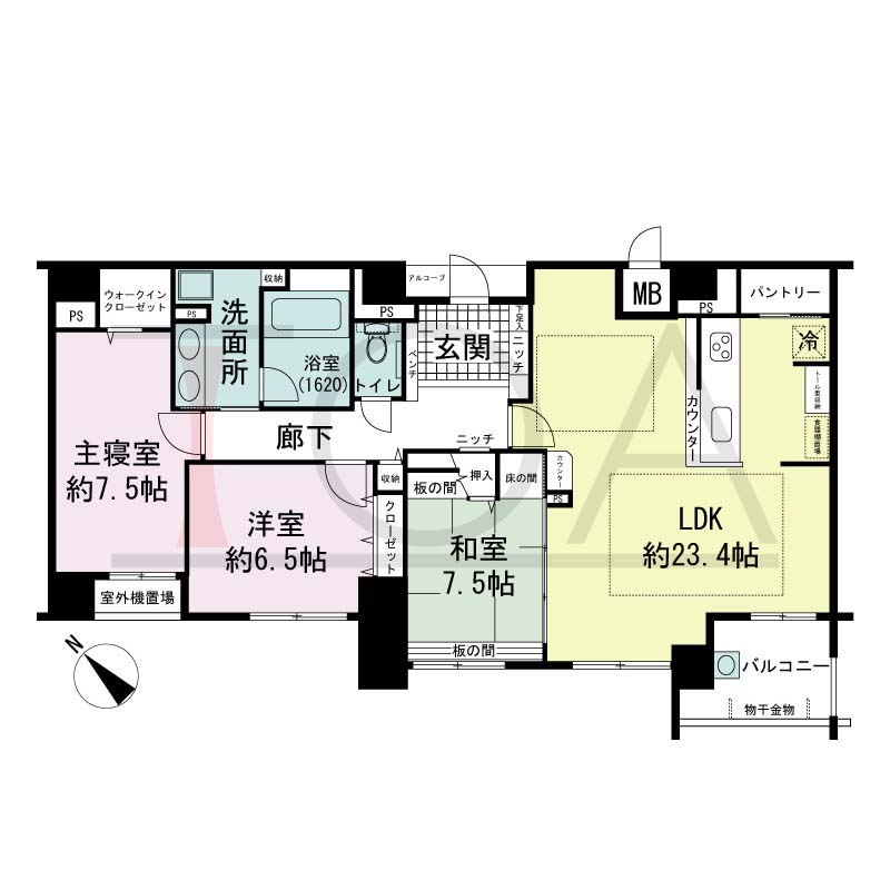 アパタワーズ神戸三宮の間取り図 EHタイプ
1邸　南西向き住戸
3LDK　専有面積102.98m2
アルコーブ面積1.92m2
バルコニー面積5.44m2