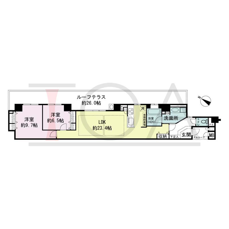 アパタワーズ神戸三宮の間取り図 EF(r)タイプ
1邸　北東向き住戸
2LDK　専有面積90.56m2
アルコーブ面積3.00m2
ルーフテラス面積42.16m2