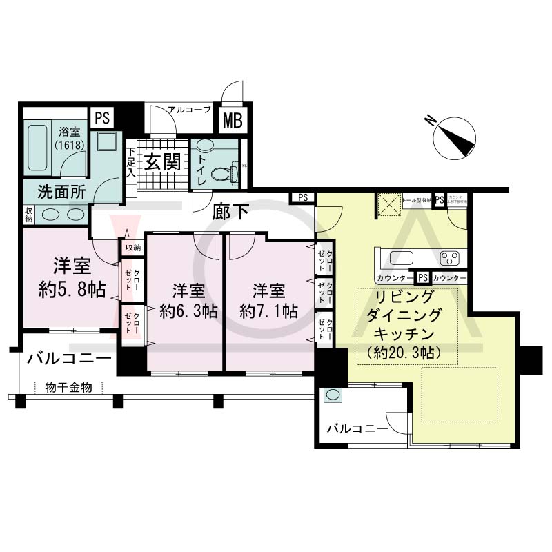 アパタワーズ神戸三宮の間取り図 EJタイプ
1邸　南西向き住戸
3LDK　専有面積97.14m2
アルコーブ面積2.11m2
バルコニー面積14.22m2