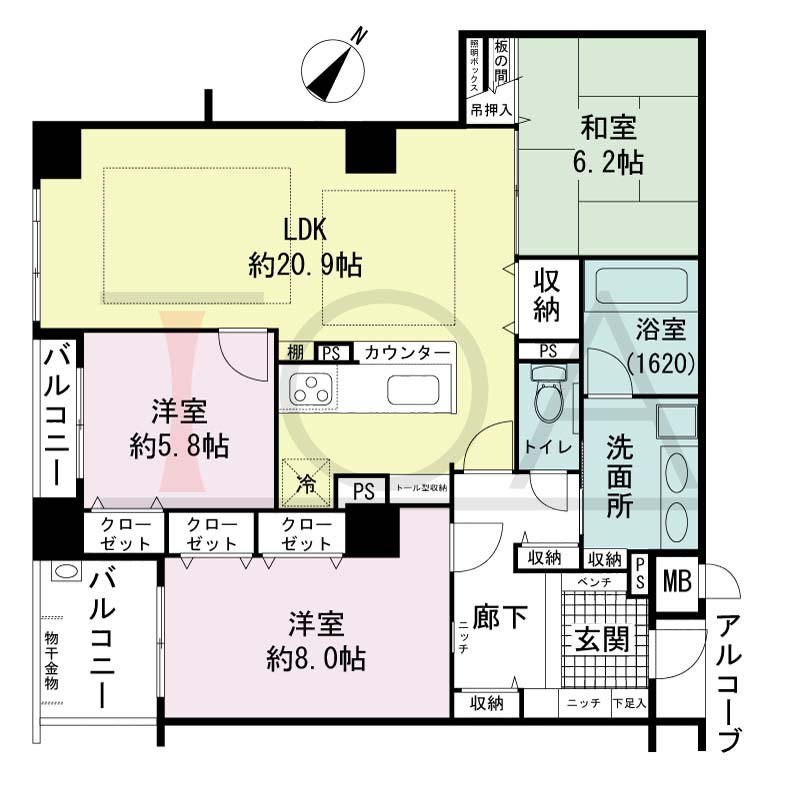 アパタワーズ神戸三宮の間取り図 EKタイプ
1邸　南西向き住戸
3LDK　専有面積94.50m2
アルコーブ面積1.32m2
バルコニー面積7.12m2