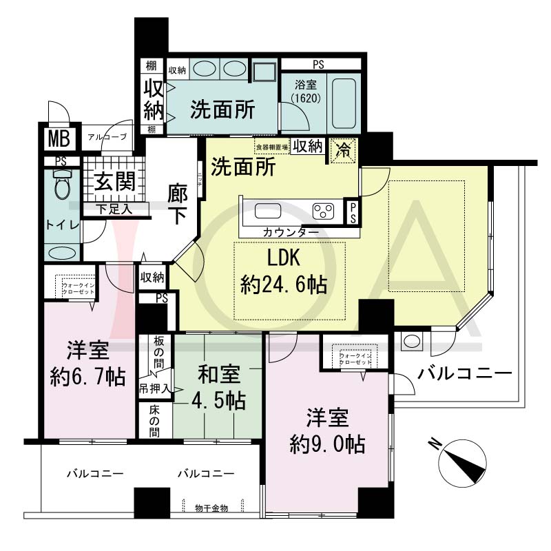 アパタワーズ神戸三宮の間取り図 ELタイプ
1邸　南西・南東２方向き角住戸
3LDK　専有面積106.66m2
アルコーブ面積1.36m2
バルコニー面積22.85m2