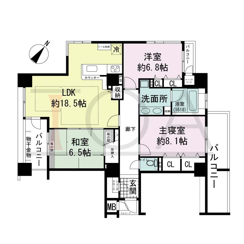 アパタワーズ神戸三宮の間取り図 EMタイプ
全2邸　北東・南西２方向き角住戸
3LDK　専有面積97.60m2
アルコーブ面積1.57m2
バルコニー面積18.03m2