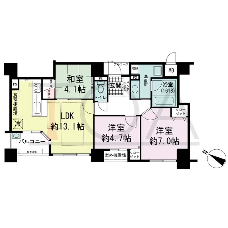 アパタワーズ神戸三宮の間取り図 ENタイプ
全2邸　南西向き住戸
3LDK　専有面積67.20m2
アルコーブ面積1.97m2
バルコニー面積4.20m2