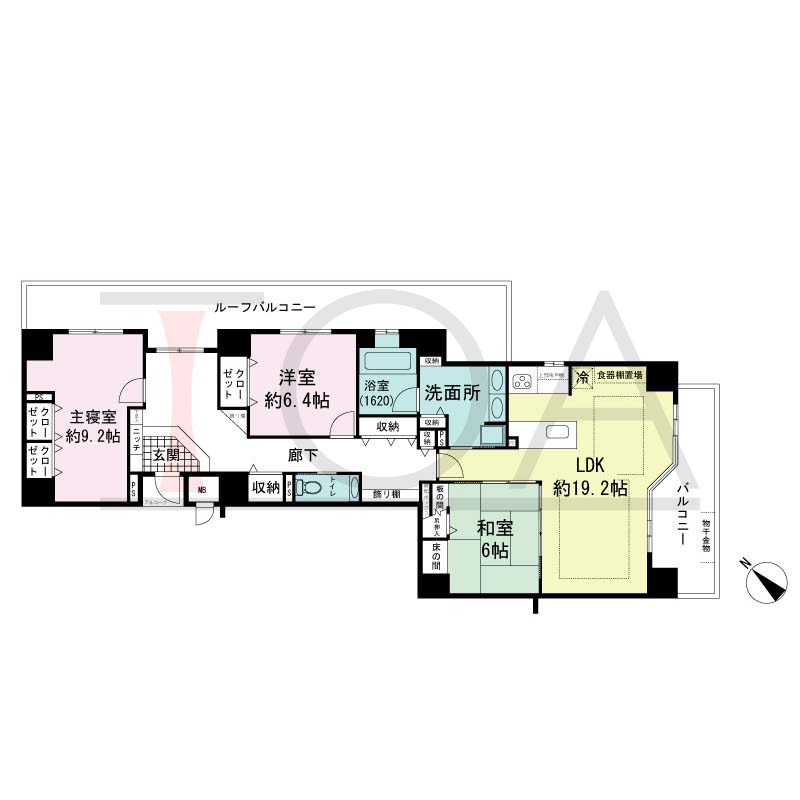 アパタワーズ神戸三宮の間取り図 EOrタイプ
1邸　北東・南東２方向き角住戸
3LDK　専有面積111.22m2
アルコーブ面積1.37m2
バルコニー面積10.63m2
ルーフテラス面積25.02m2