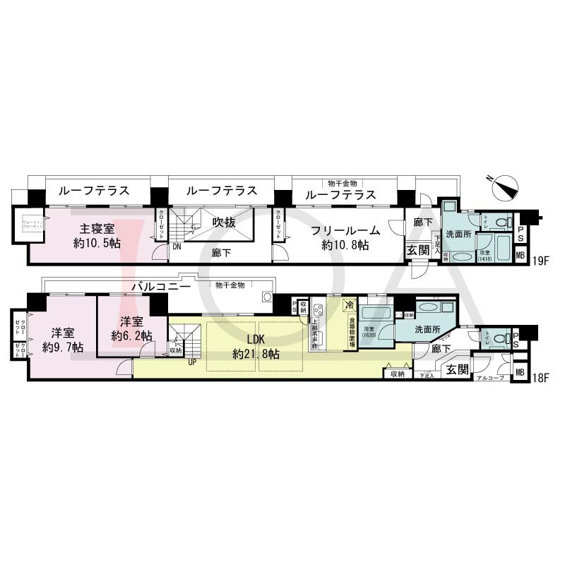 アパタワーズ神戸三宮の間取り図 EPタイプ
1邸　北東向き住戸
3LDK＋F　専有面積154.03m2
アルコーブ面積3.33m2
バルコニー面積13.99m2
ルーフテラス面積26.34m2