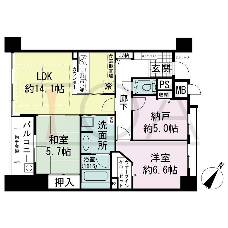 アパタワーズ神戸三宮の間取り図 Fa(r)・Fb・Fcタイプ
全11邸(Fa(r)・Fb・Fc含む)　南西向き住戸
3LDK　専有面積75.94m2
アルコーブ面積1.61m2
バルコニー面積4.34m2(※Fb・Fcタイプのみ)
ルーフテラス面積9.97m2(※Farタイプのみ)
※ 掲載の間取図はFaタイプです。