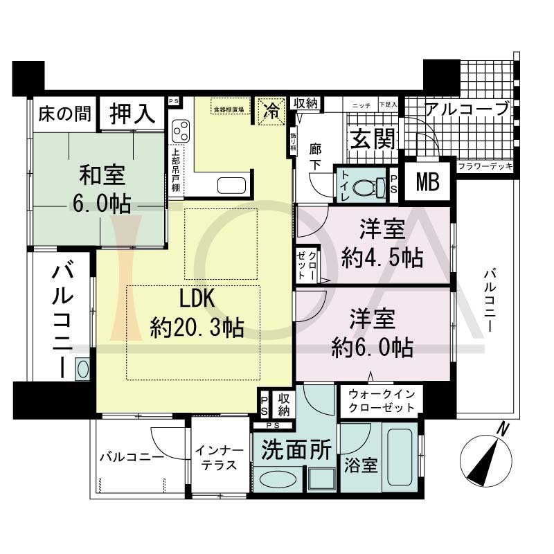 アパタワーズ神戸三宮の間取り図 Gタイプ
1邸　北東・南東・南西3方向き角住戸
3LDK　専有面積88.55m2
アルコーブ面積6.24m2
バルコニー面積20.44m2