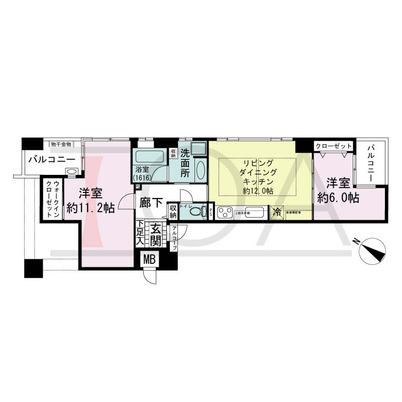 アパタワーズ神戸三宮の間取り図 Hタイプ
8邸　北西・南東2方向き住戸
2LDK　専有面積68.03m2
アルコーブ面積0.72m2
バルコニー面積8.14m2