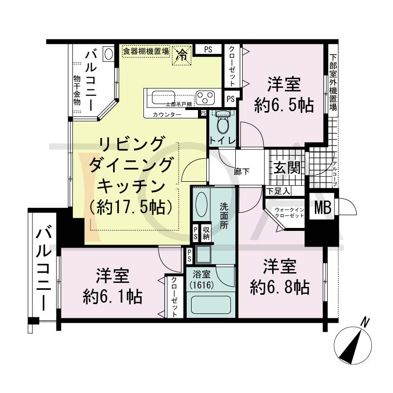 アパタワーズ神戸三宮の間取り図 Ja1・Ja2タイプ
全9邸(Ja1・Ja2含む)　南西向き住戸
3LDK　専有面積78.99m2
アルコーブ面積1.88m2
バルコニー面積8.00m2
※ 掲載の間取図はJa2タイプです。