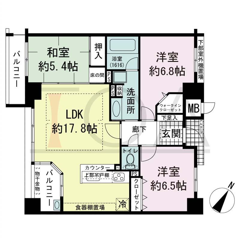アパタワーズ神戸三宮の間取り図 Jb1・Jb2タイプ
全9邸(Jb1・Jb2含む)　南西向き住戸
3LDK　専有面積78.99m2
アルコーブ面積1.88m2
バルコニー面積8.00m2
※ 掲載の間取図はJb2タイプです。