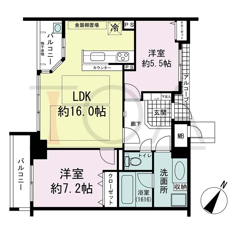 アパタワーズ神戸三宮の間取り図 Kaタイプ
1邸　南西向き住戸
2LDK　専有面積66.64m2
アルコーブ面積1.40m2
バルコニー面積6.92m2