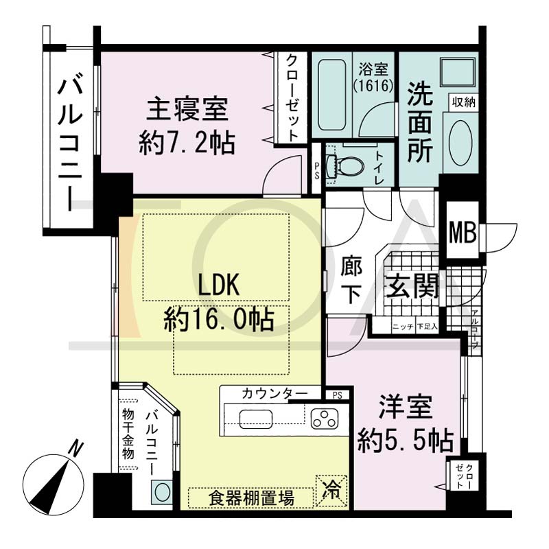 アパタワーズ神戸三宮の間取り図 Kbタイプ
1邸　南西向き住戸
2LDK　専有面積66.64m2
アルコーブ面積1.40m2
バルコニー面積6.92m2